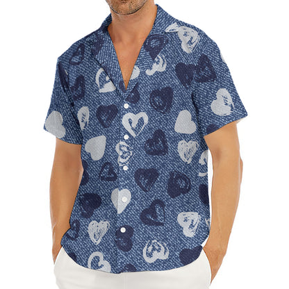 Heart Denim Jeans Pattern Print Men's Deep V-Neck Shirt