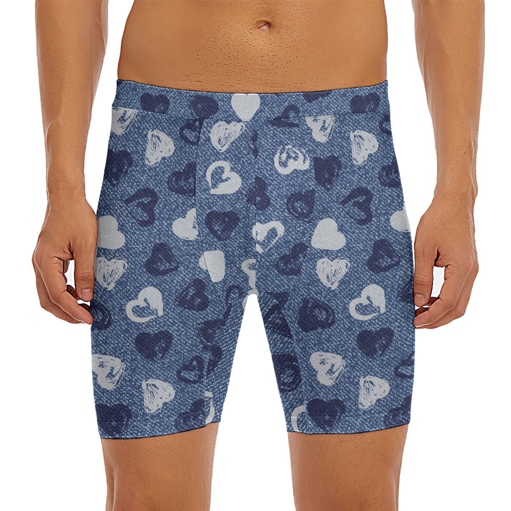 Heart Denim Jeans Pattern Print Men's Long Boxer Briefs
