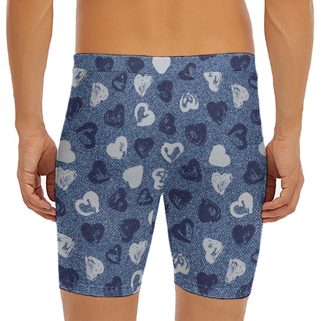 Heart Denim Jeans Pattern Print Men's Long Boxer Briefs