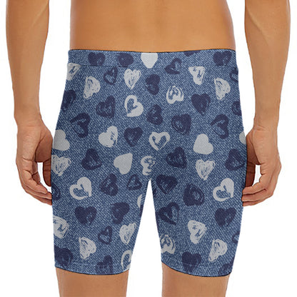 Heart Denim Jeans Pattern Print Men's Long Boxer Briefs