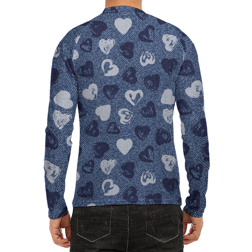 Heart Denim Jeans Pattern Print Men's Long Sleeve Rash Guard