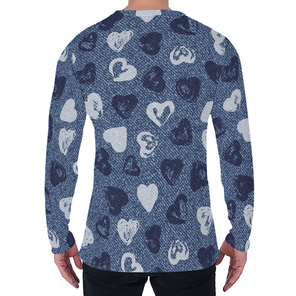 Heart Denim Jeans Pattern Print Men's Long Sleeve T-Shirt