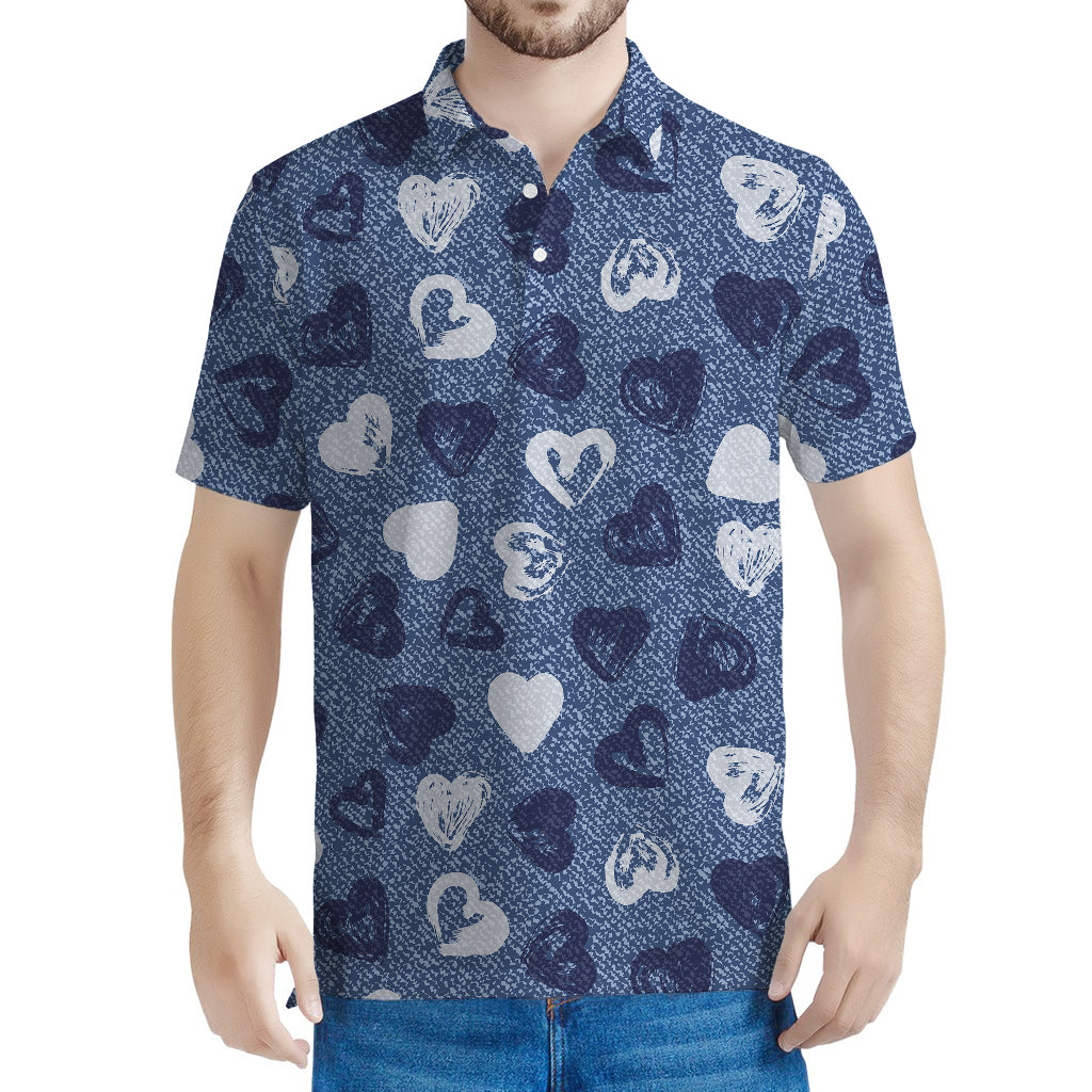 Heart Denim Jeans Pattern Print Men's Polo Shirt