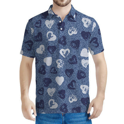Heart Denim Jeans Pattern Print Men's Polo Shirt
