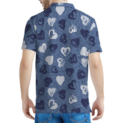 Heart Denim Jeans Pattern Print Men's Polo Shirt