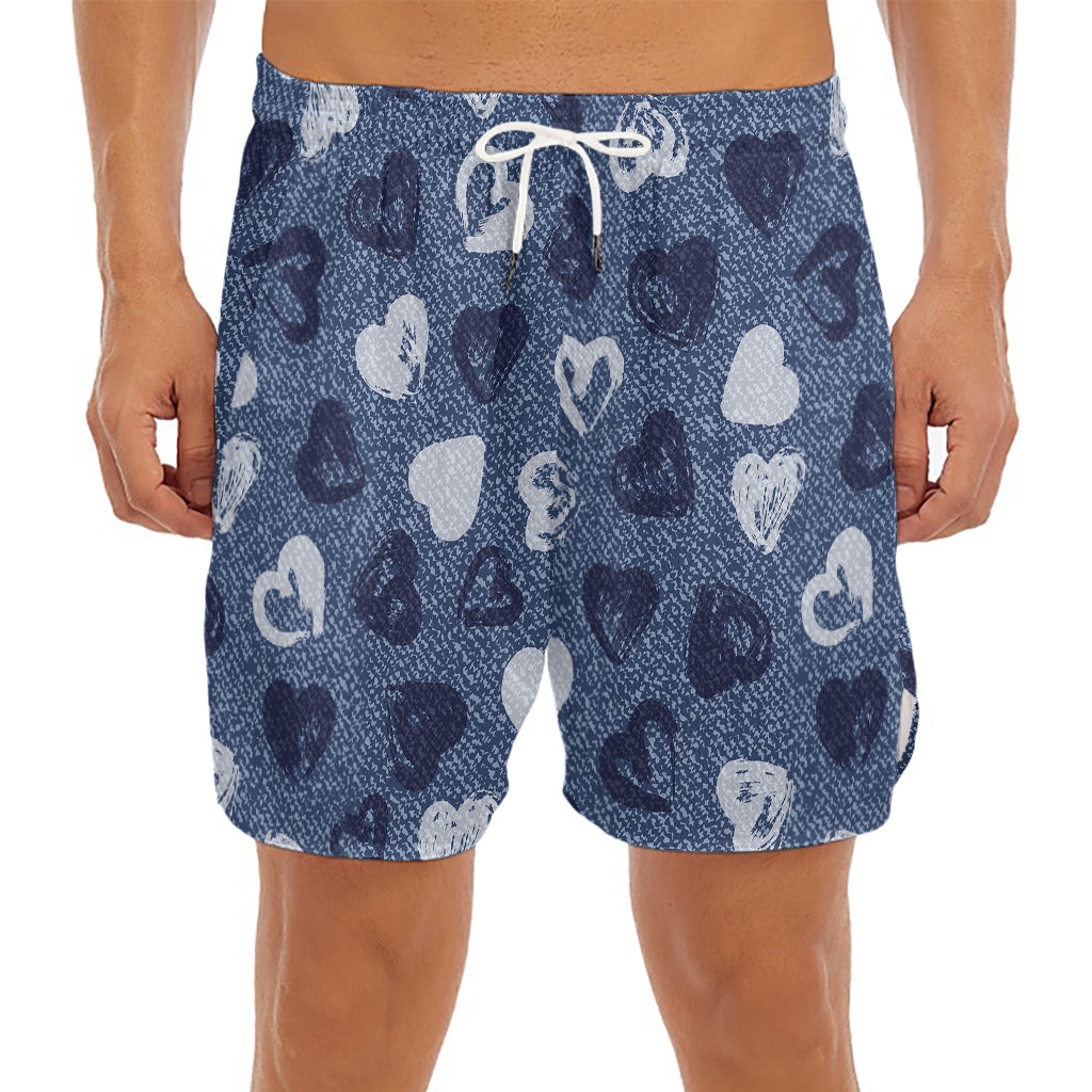 Heart Denim Jeans Pattern Print Men's Split Running Shorts
