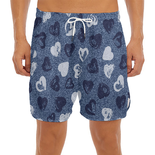 Heart Denim Jeans Pattern Print Men's Split Running Shorts