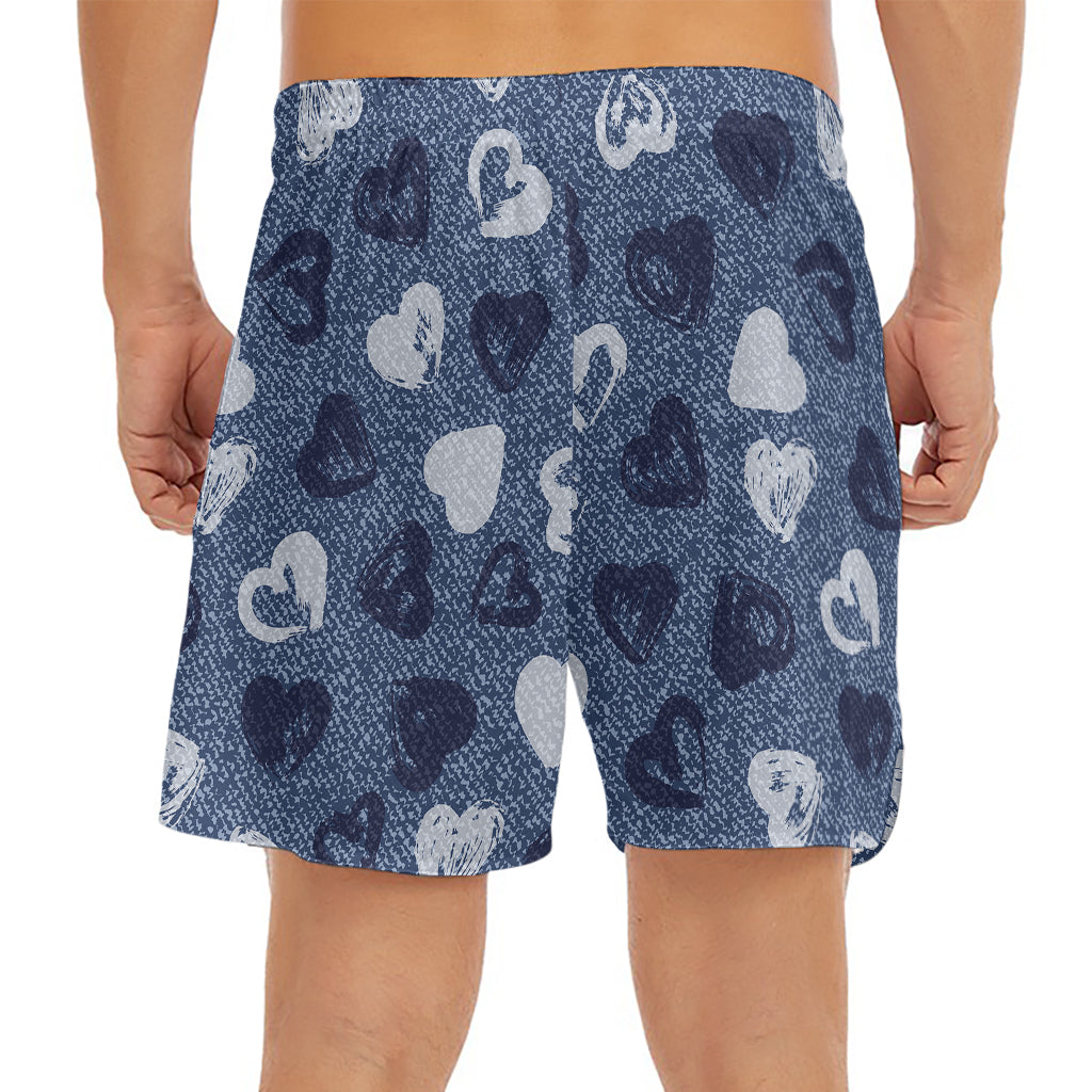 Heart Denim Jeans Pattern Print Men's Split Running Shorts