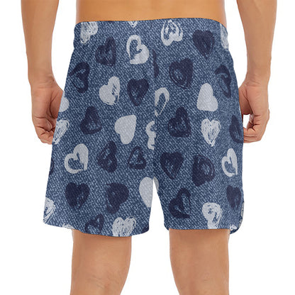 Heart Denim Jeans Pattern Print Men's Split Running Shorts
