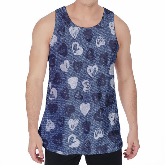Heart Denim Jeans Pattern Print Men's Velvet Tank Top