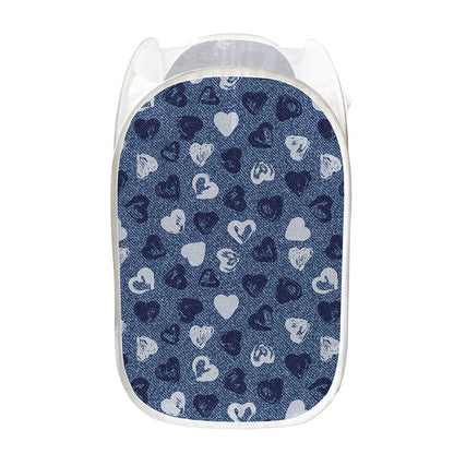 Heart Denim Jeans Pattern Print Mesh Laundry Hamper