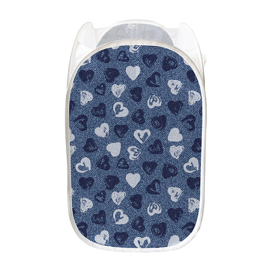 Heart Denim Jeans Pattern Print Mesh Laundry Hamper