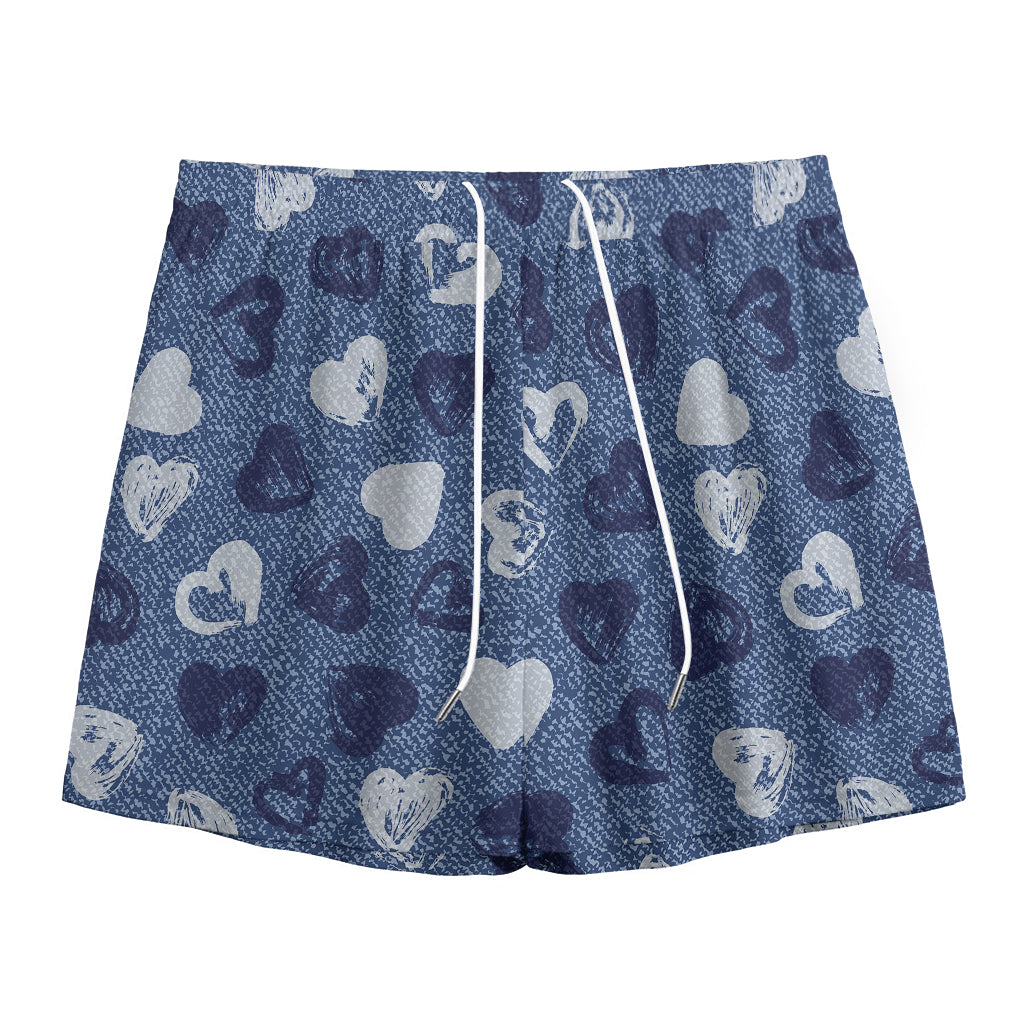 Heart Denim Jeans Pattern Print Mesh Shorts