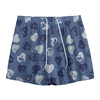 Heart Denim Jeans Pattern Print Mesh Shorts