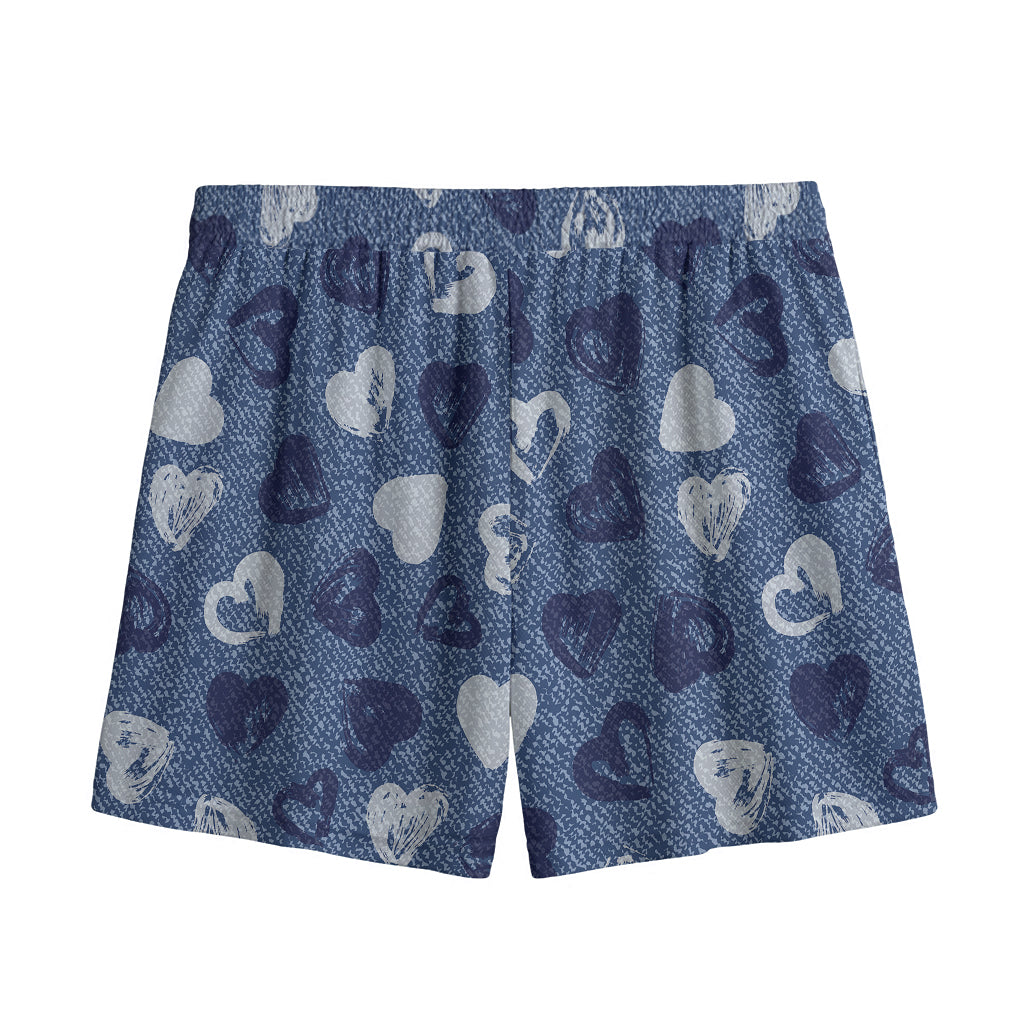 Heart Denim Jeans Pattern Print Mesh Shorts