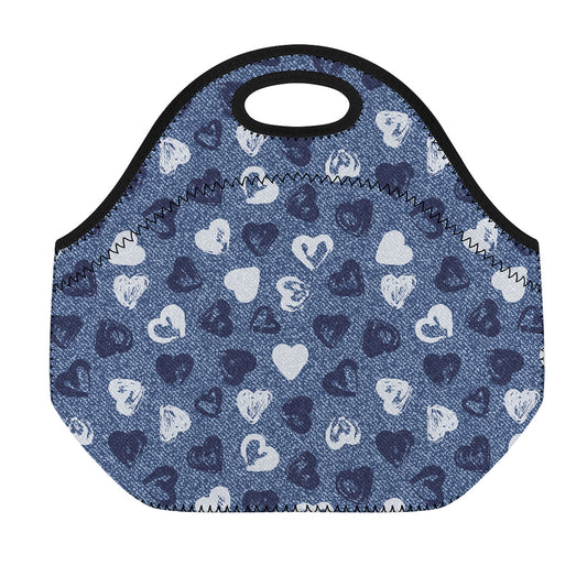 Heart Denim Jeans Pattern Print Neoprene Lunch Bag
