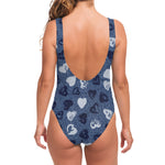 Heart Denim Jeans Pattern Print One Piece Swimsuit