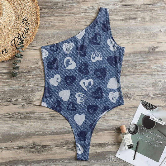 Heart Denim Jeans Pattern Print One Shoulder Bodysuit