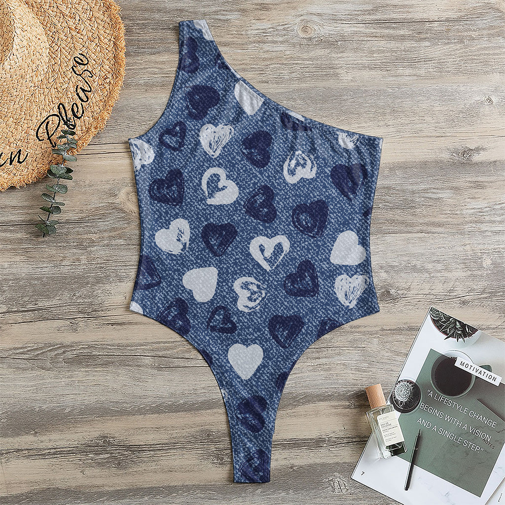 Heart Denim Jeans Pattern Print One Shoulder Bodysuit