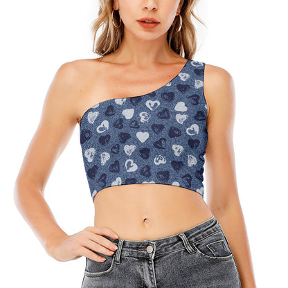 Heart Denim Jeans Pattern Print One Shoulder Crop Top
