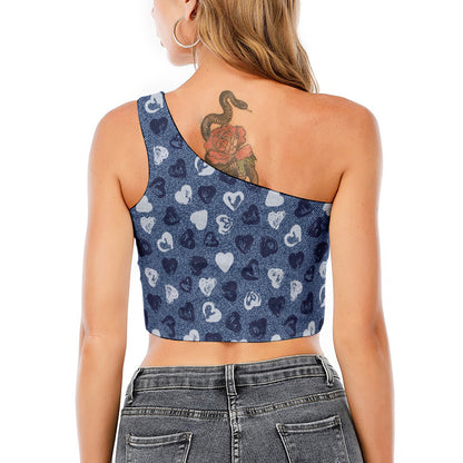 Heart Denim Jeans Pattern Print One Shoulder Crop Top