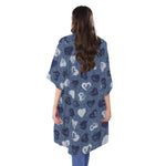 Heart Denim Jeans Pattern Print Open Front Beach Cover Up