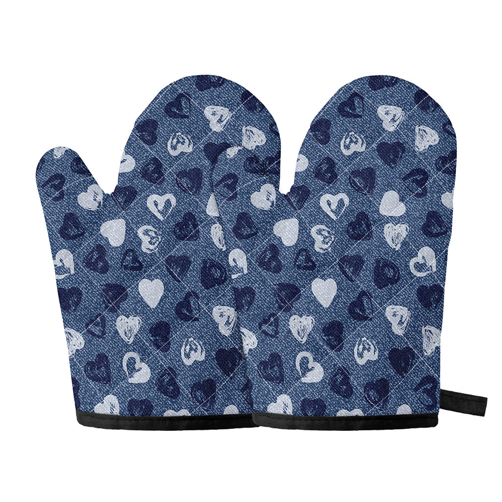 Heart Denim Jeans Pattern Print Oven Mitts