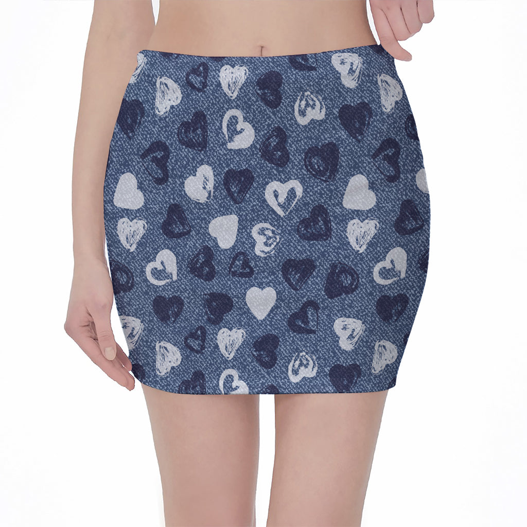 Heart Denim Jeans Pattern Print Pencil Mini Skirt