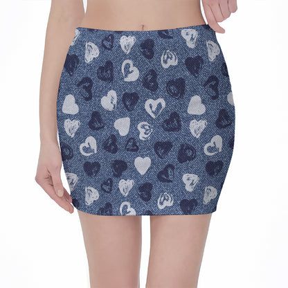Heart Denim Jeans Pattern Print Pencil Mini Skirt
