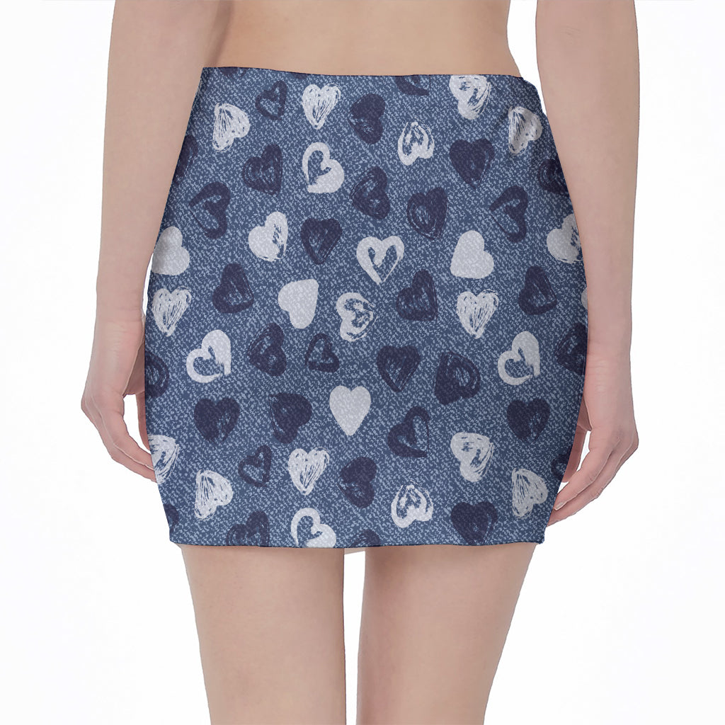 Heart Denim Jeans Pattern Print Pencil Mini Skirt