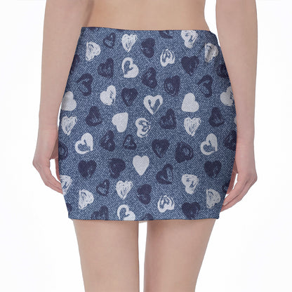 Heart Denim Jeans Pattern Print Pencil Mini Skirt