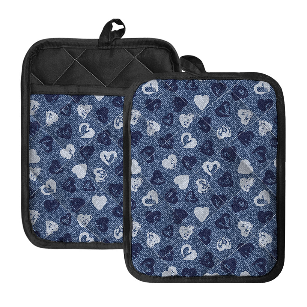 Heart Denim Jeans Pattern Print Pot Holders With Pocket