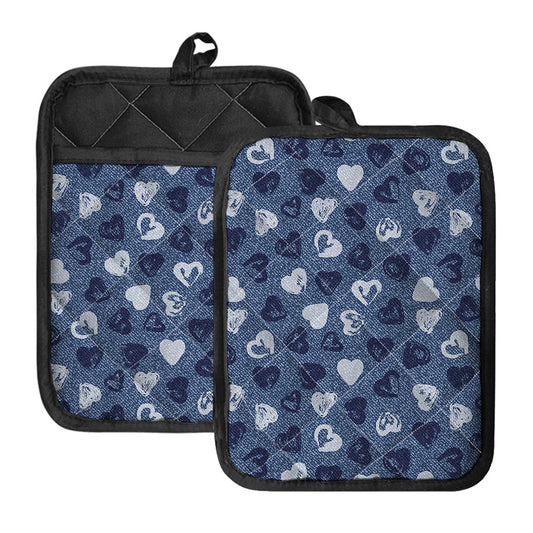 Heart Denim Jeans Pattern Print Pot Holders With Pocket
