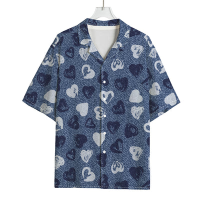 Heart Denim Jeans Pattern Print Rayon Hawaiian Shirt