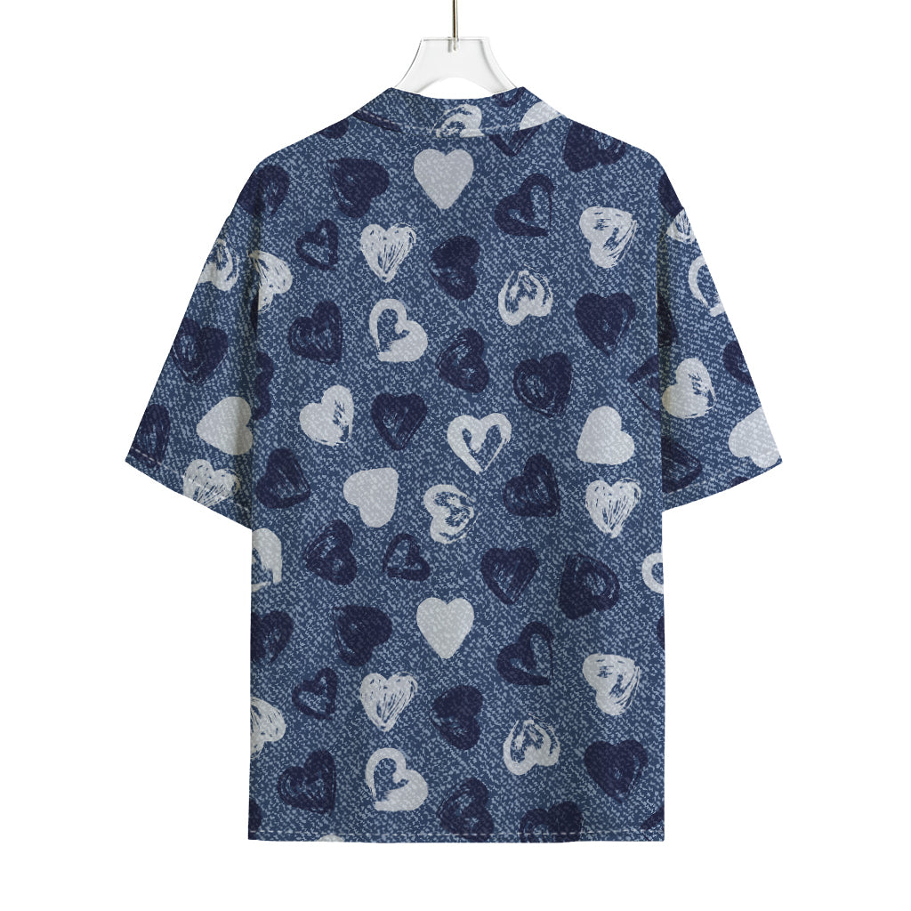 Heart Denim Jeans Pattern Print Rayon Hawaiian Shirt