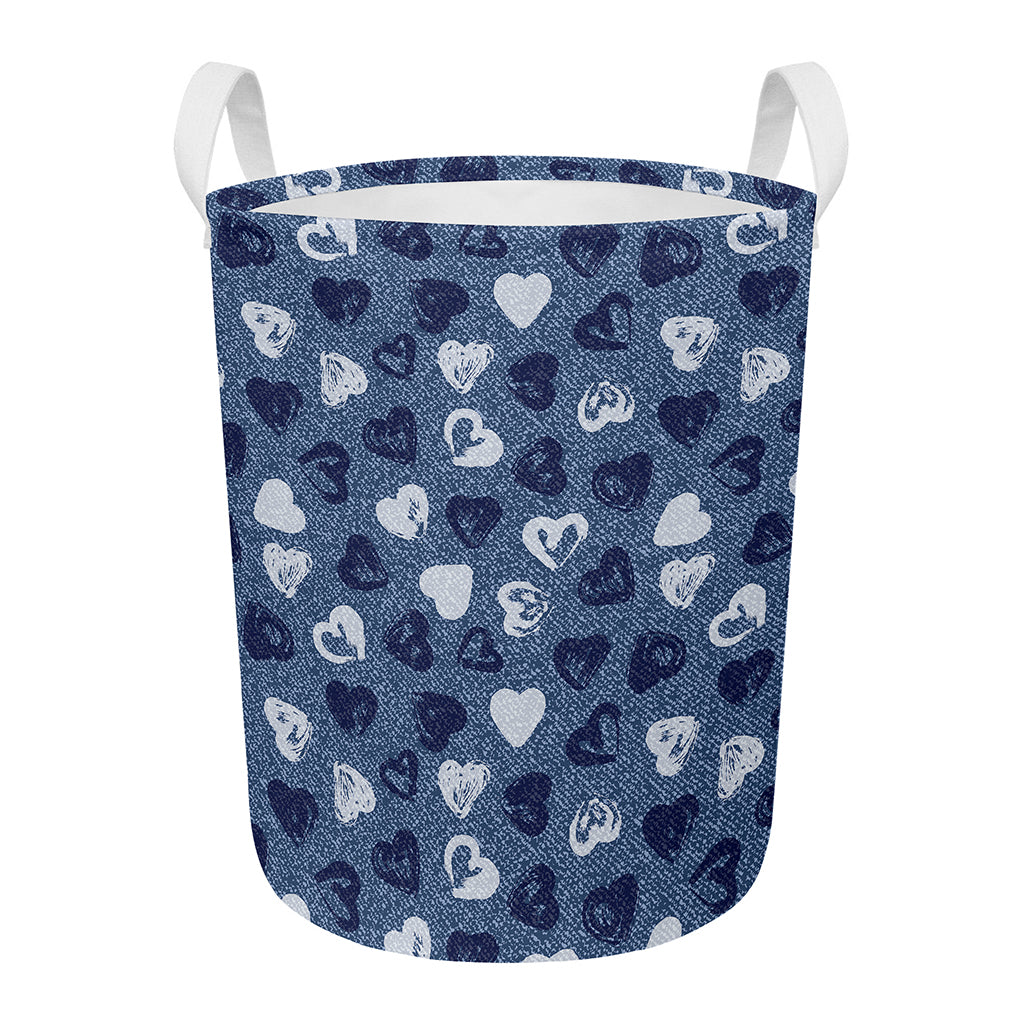 Heart Denim Jeans Pattern Print Round Laundry Basket