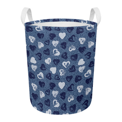 Heart Denim Jeans Pattern Print Round Laundry Basket