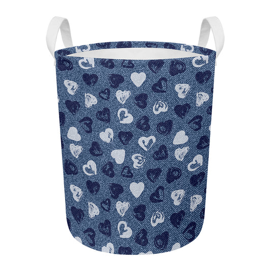 Heart Denim Jeans Pattern Print Round Laundry Basket