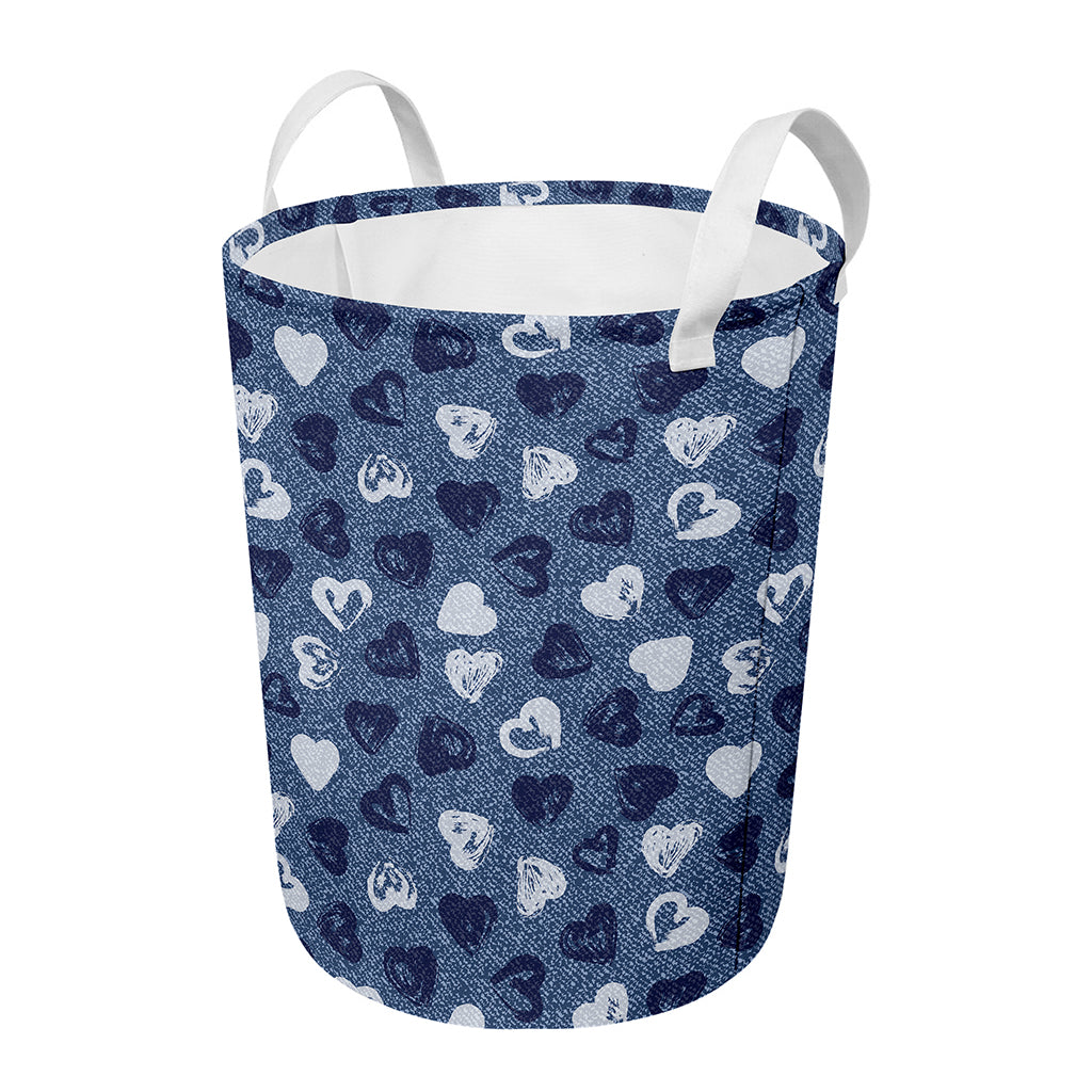 Heart Denim Jeans Pattern Print Round Laundry Basket