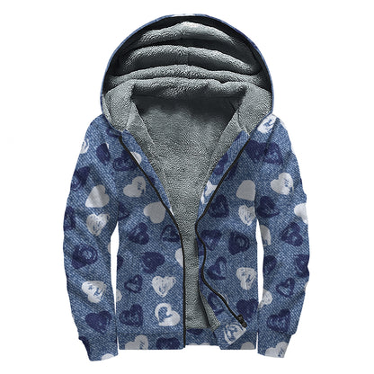Heart Denim Jeans Pattern Print Sherpa Lined Zip Up Hoodie