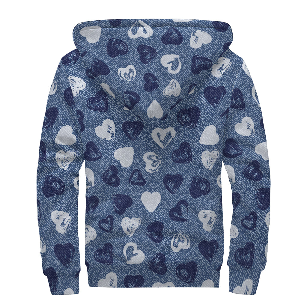 Heart Denim Jeans Pattern Print Sherpa Lined Zip Up Hoodie