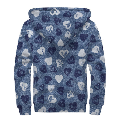 Heart Denim Jeans Pattern Print Sherpa Lined Zip Up Hoodie