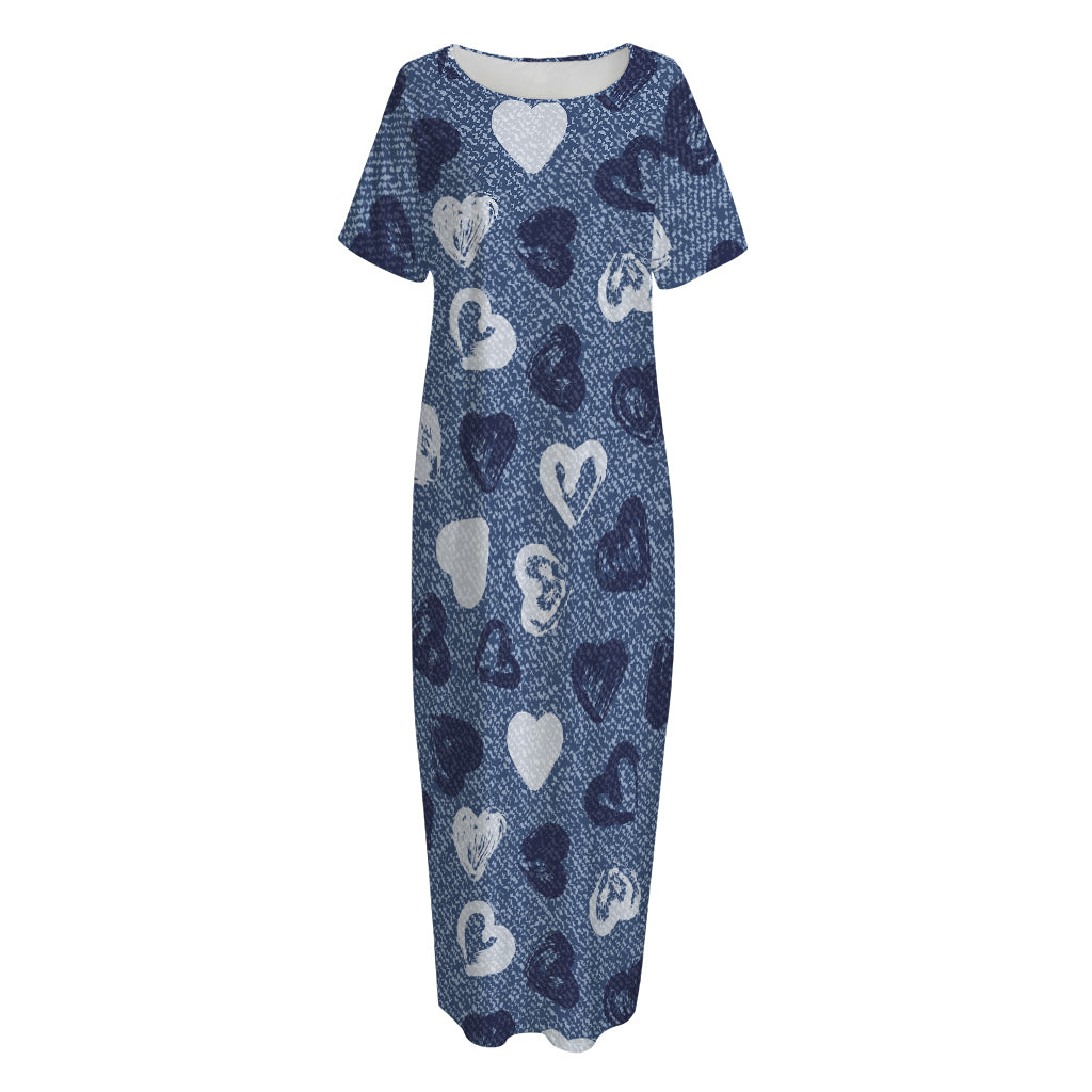 Heart Denim Jeans Pattern Print Short Sleeve Long Nightdress