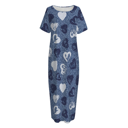 Heart Denim Jeans Pattern Print Short Sleeve Long Nightdress