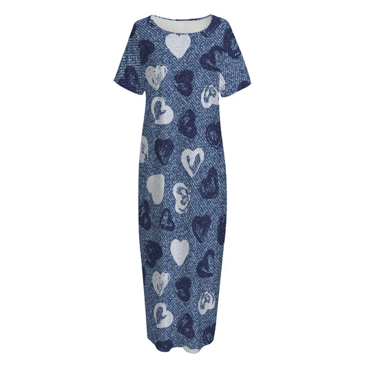 Heart Denim Jeans Pattern Print Short Sleeve Long Nightdress