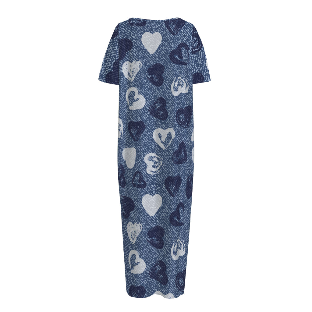Heart Denim Jeans Pattern Print Short Sleeve Long Nightdress