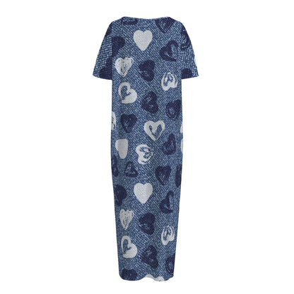 Heart Denim Jeans Pattern Print Short Sleeve Long Nightdress