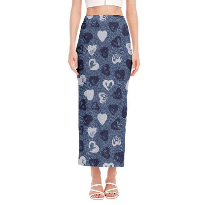 Heart Denim Jeans Pattern Print Side Slit Maxi Skirt