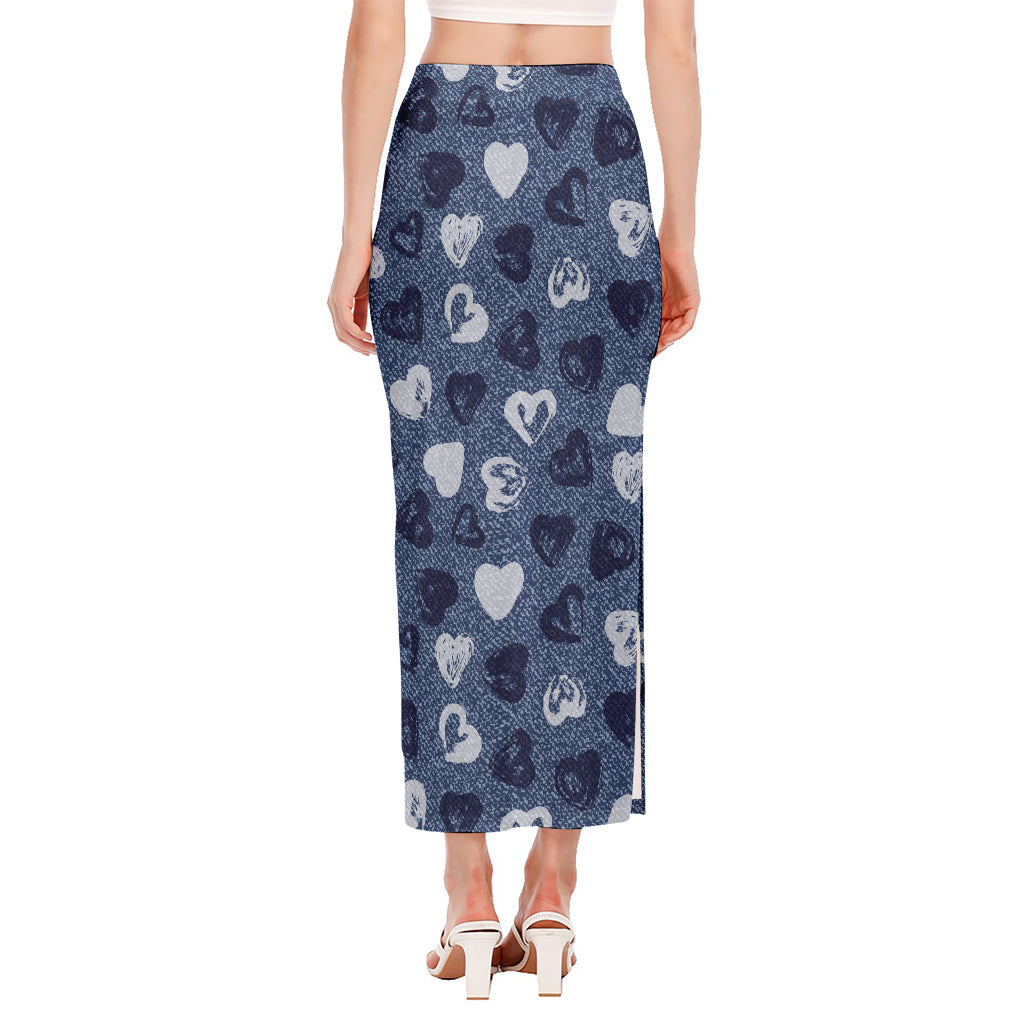 Heart Denim Jeans Pattern Print Side Slit Maxi Skirt