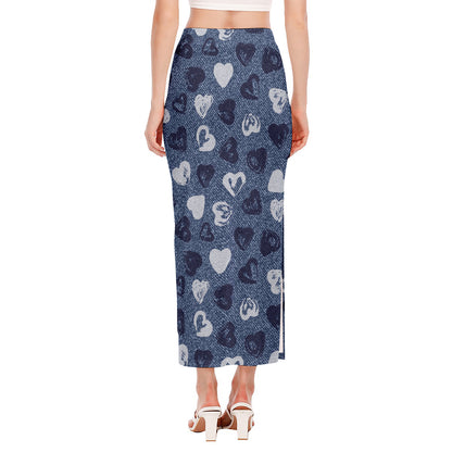 Heart Denim Jeans Pattern Print Side Slit Maxi Skirt